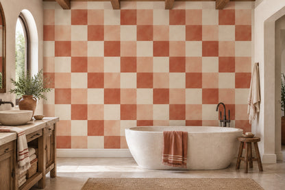 Terracotta Checkerboard Wallpaper Textured Mediterranean Wall Mural