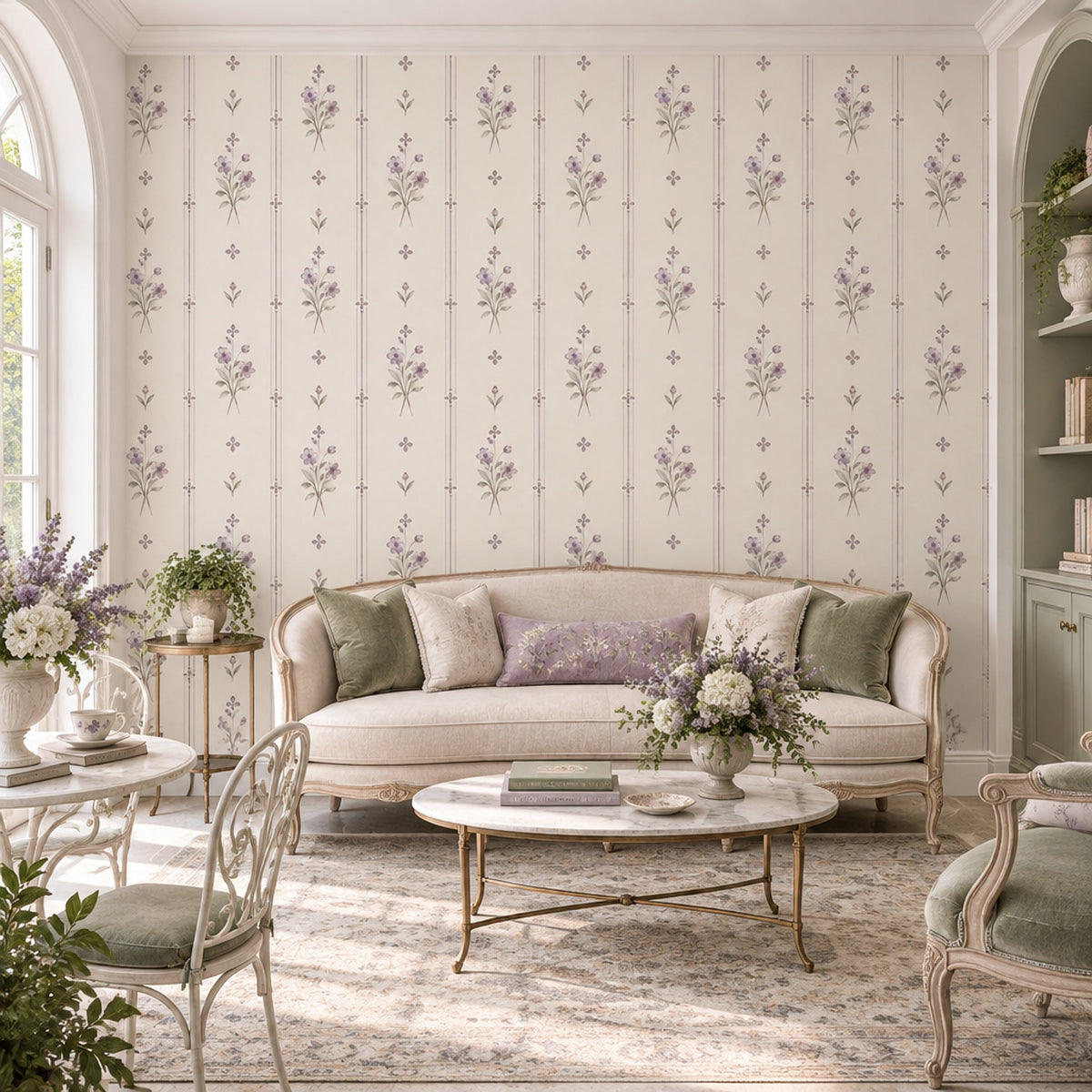 Vintage Floral Bouquet Wallpaper Muted Green Stripe Wall Mural