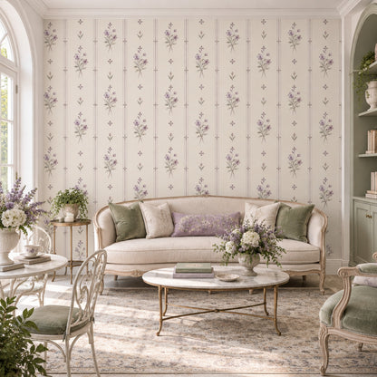 Vintage Floral Bouquet Wallpaper Muted Green Stripe Wall Mural