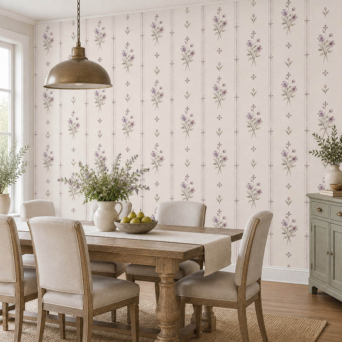 Vintage Floral Bouquet Wallpaper Muted Green Stripe Wall Mural