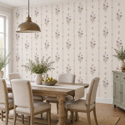 Vintage Floral Bouquet Wallpaper Muted Green Stripe Wall Mural