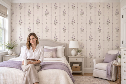 Vintage Floral Bouquet Wallpaper Muted Green Stripe Wall Mural