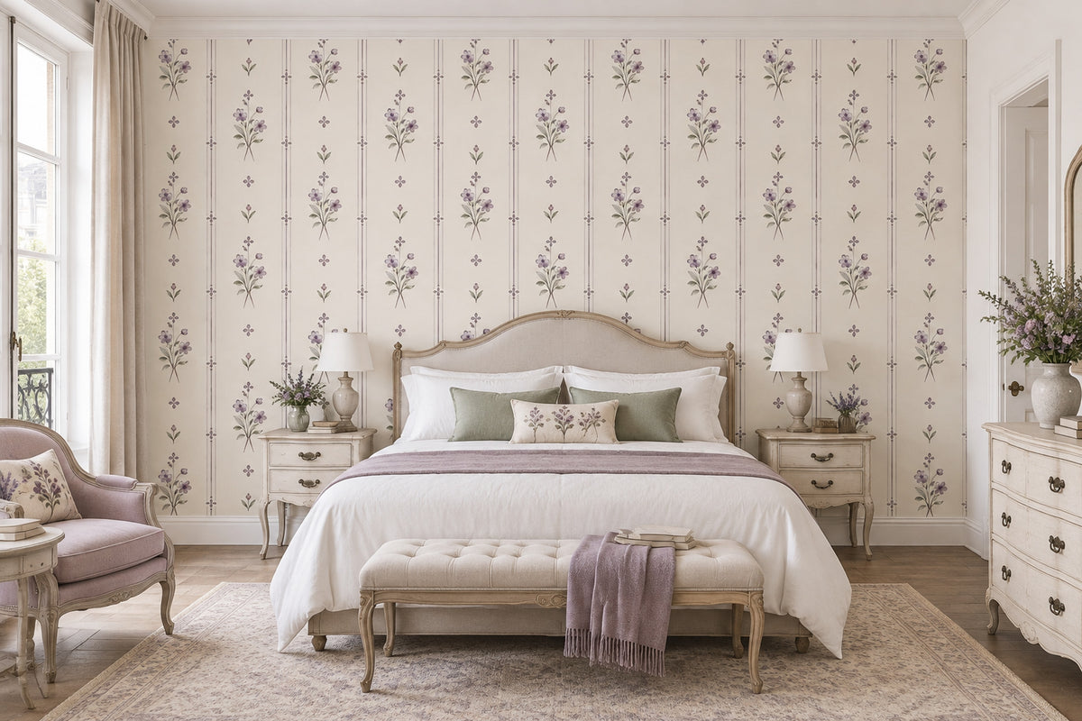 Vintage Floral Bouquet Wallpaper Muted Green Stripe Wall Mural