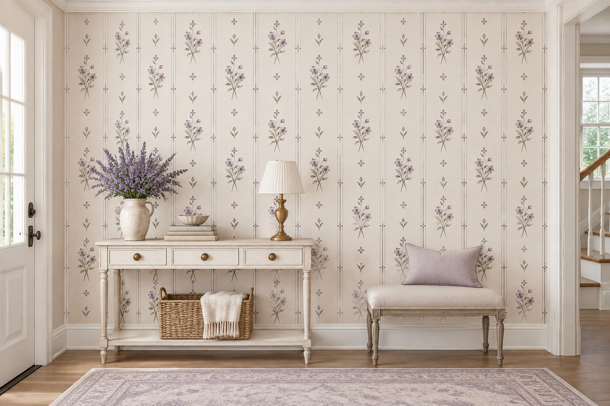 Vintage Floral Bouquet Wallpaper Muted Green Stripe Wall Mural