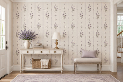 Vintage Floral Bouquet Wallpaper Muted Green Stripe Wall Mural