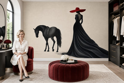 Elegant Woman On Black Horse Wallpaper Red Hat Fashion Wall Mural