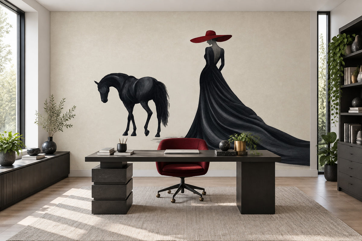 Elegant Woman On Black Horse Wallpaper Red Hat Fashion Wall Mural