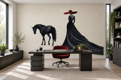 Elegant Woman On Black Horse Wallpaper Red Hat Fashion Wall Mural
