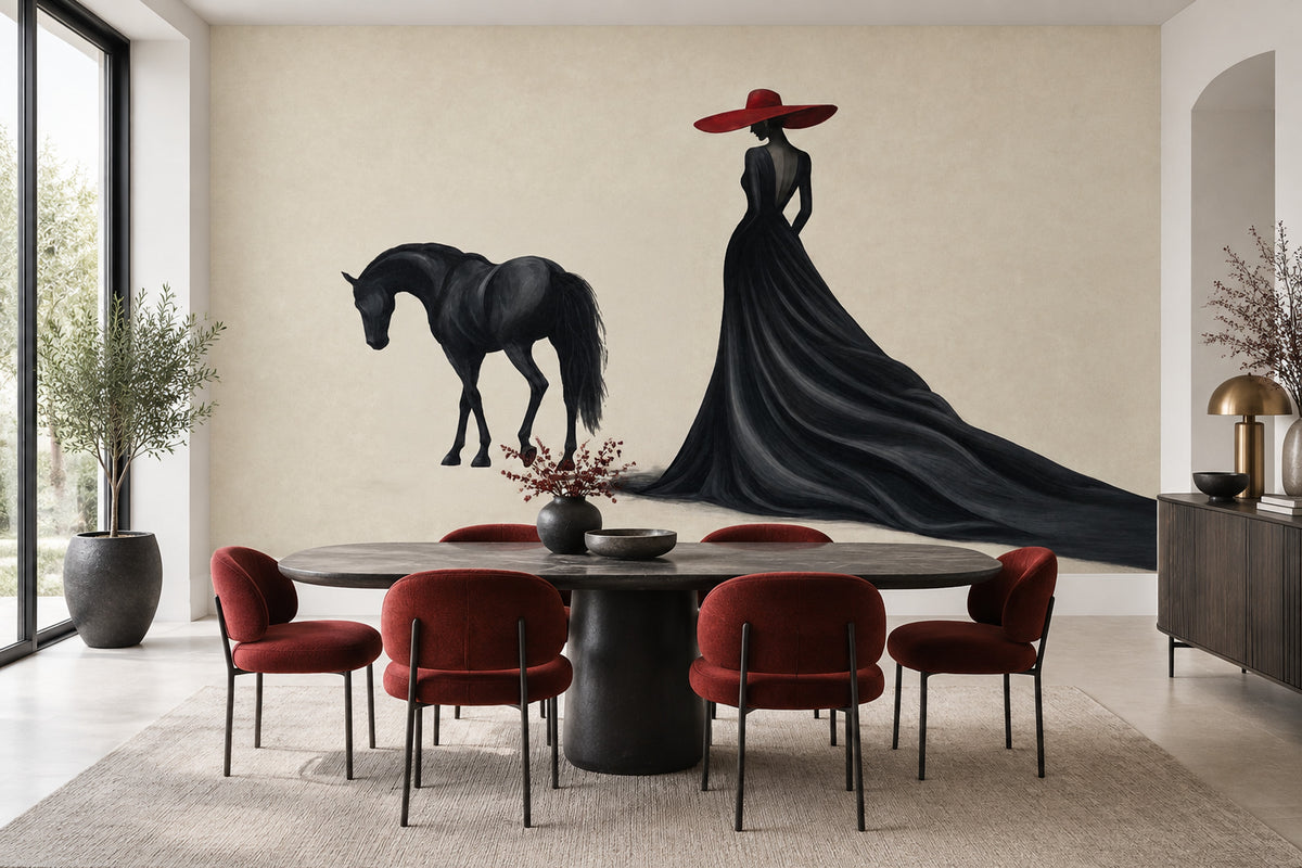 Elegant Woman On Black Horse Wallpaper Red Hat Fashion Wall Mural