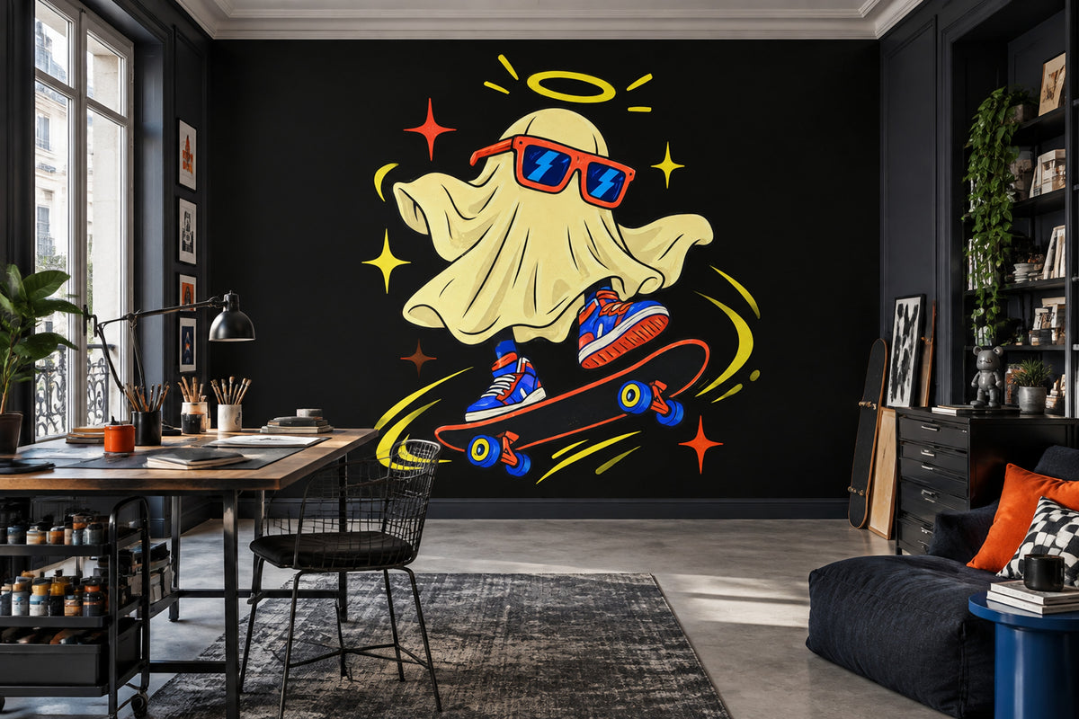 Skateboarding Cartoon Ghost Wallpaper Street Art Wall Mural