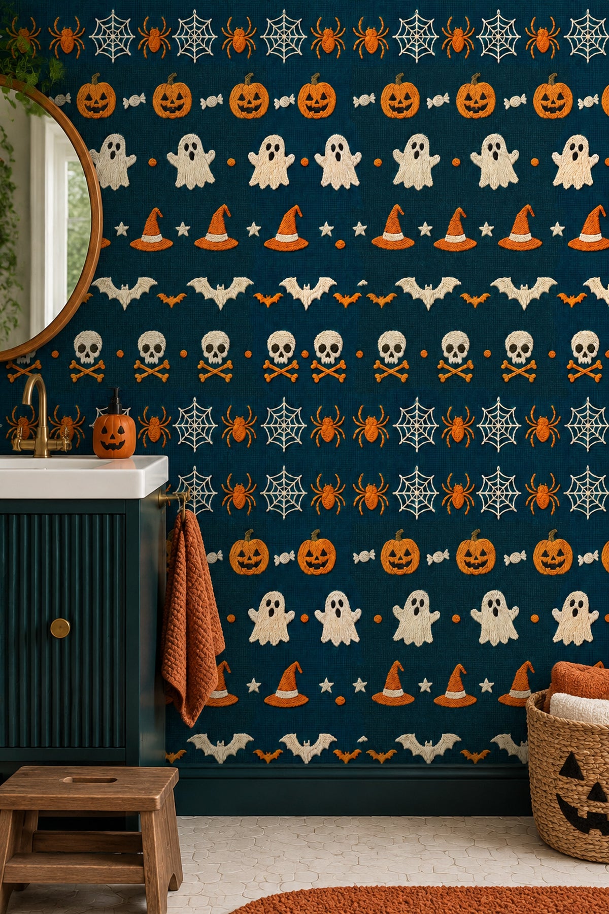 Halloween Icons Wallpaper Dark Teal Embroidered Pattern