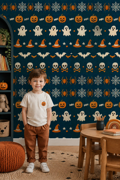 Halloween Icons Wallpaper Dark Teal Embroidered Pattern