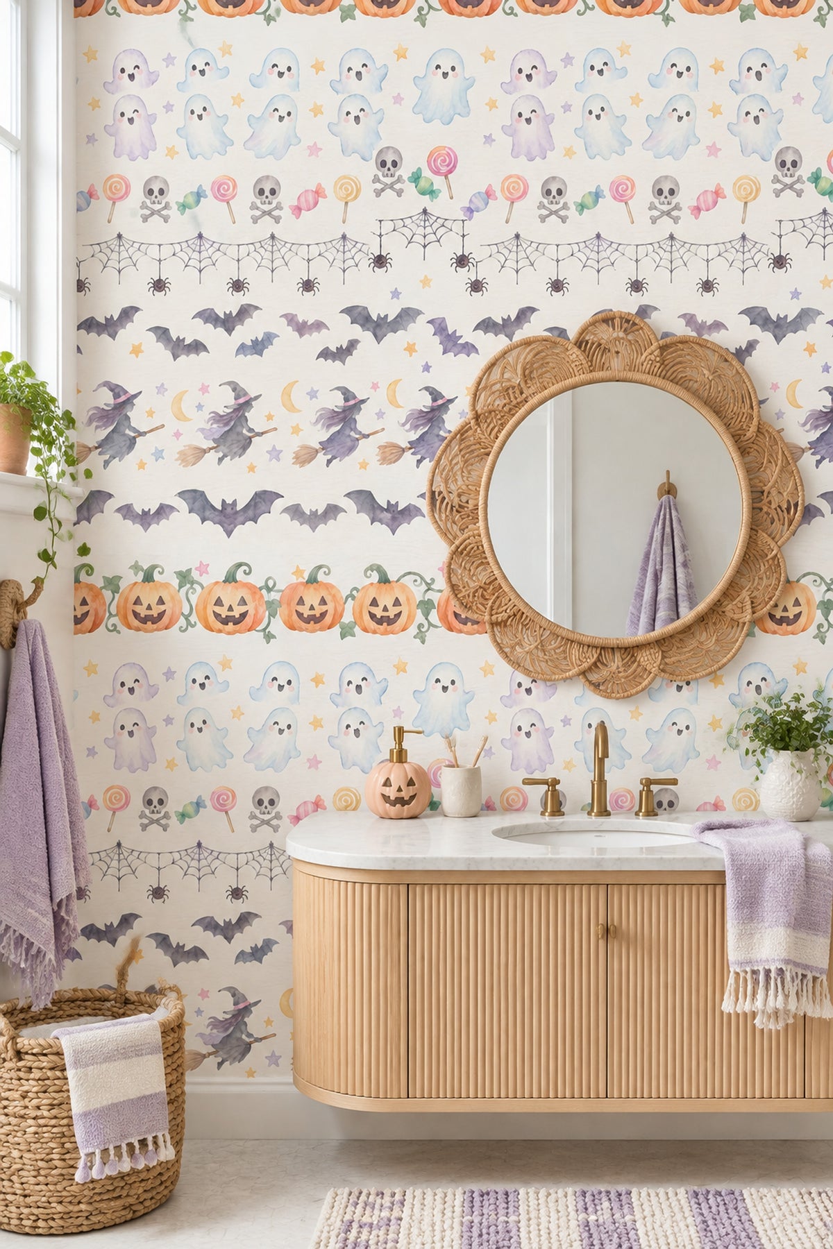 Cute Halloween Icons Wallpaper Pastel Watercolor Pattern