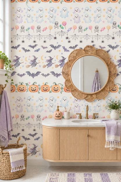 Cute Halloween Icons Wallpaper Pastel Watercolor Pattern
