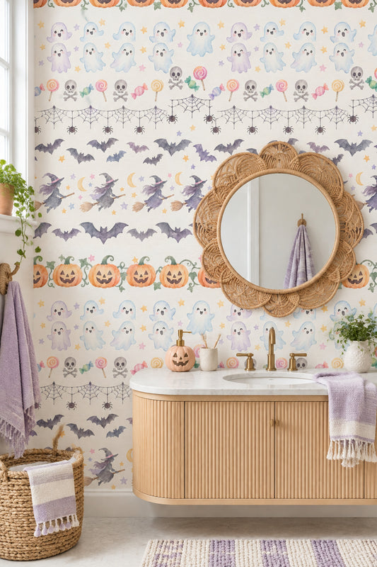 Cute Halloween Icons Wallpaper Pastel Watercolor Pattern
