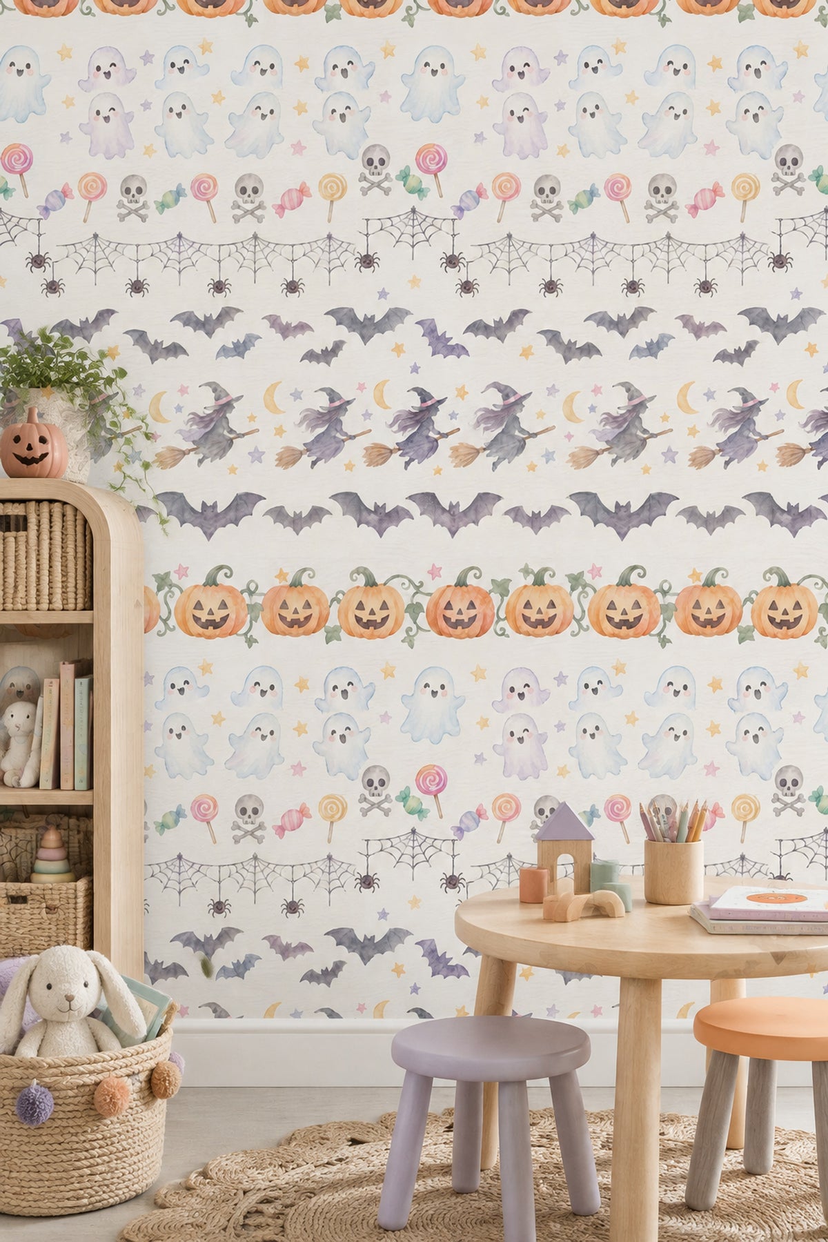 Cute Halloween Icons Wallpaper Pastel Watercolor Pattern