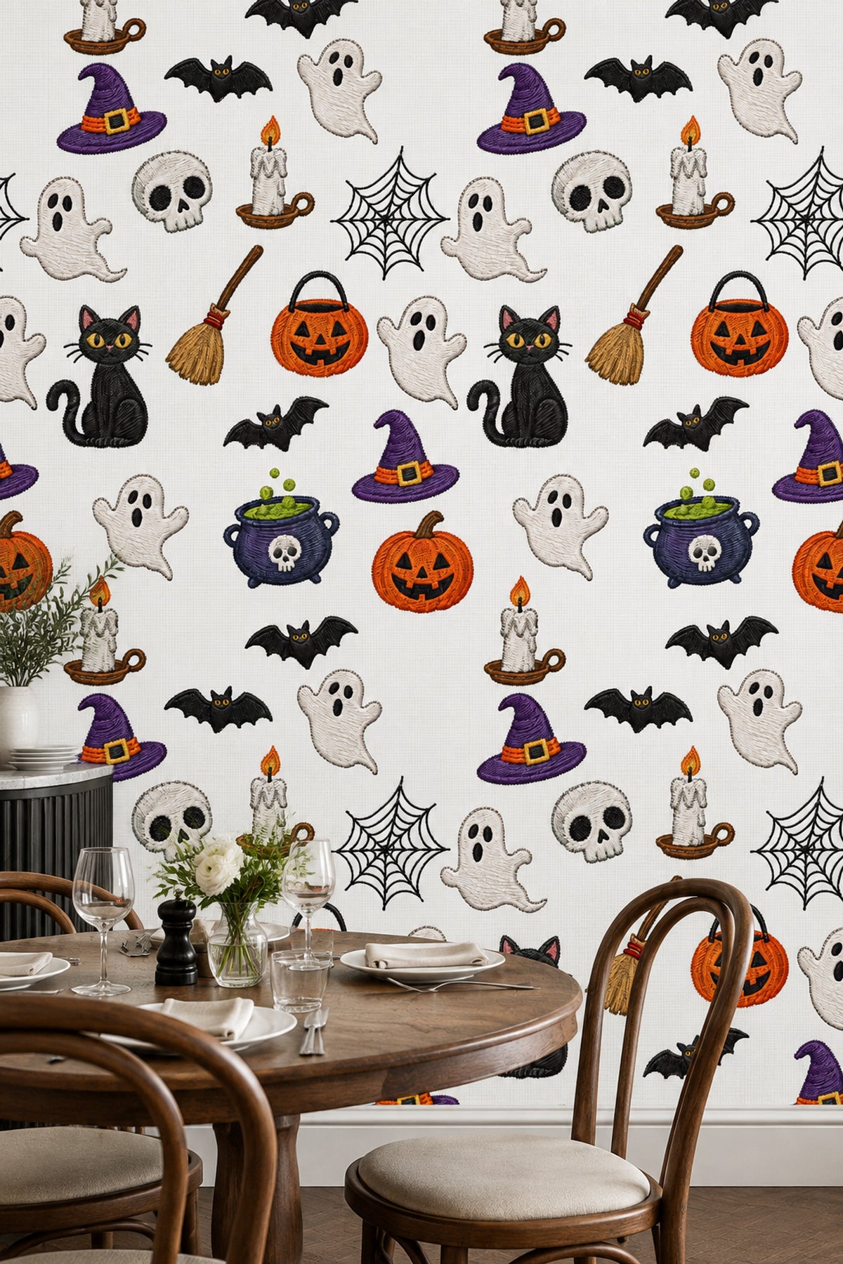 Halloween Icons Wallpaper Embroidered Look Pattern