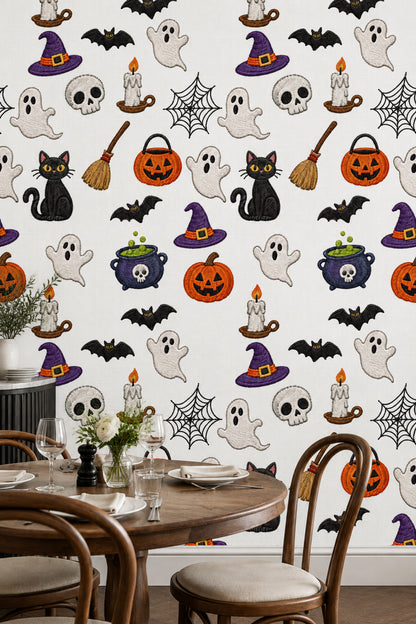Halloween Icons Wallpaper Embroidered Look Pattern