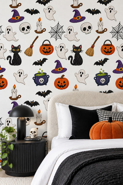 Halloween Icons Wallpaper Embroidered Look Pattern