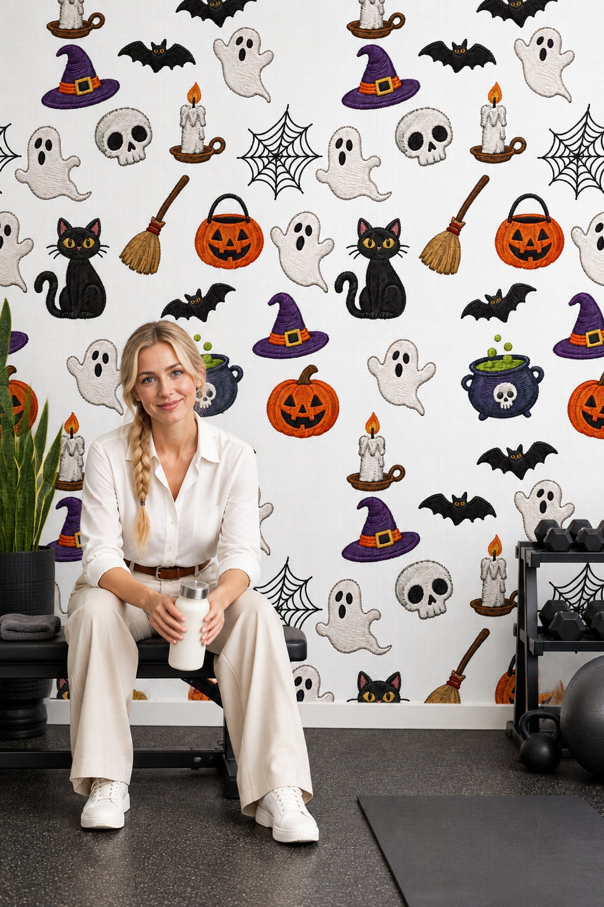 Halloween Icons Wallpaper Embroidered Look Pattern