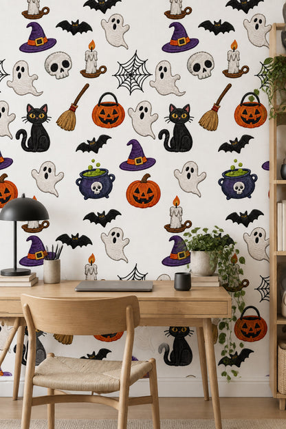 Halloween Icons Wallpaper Embroidered Look Pattern