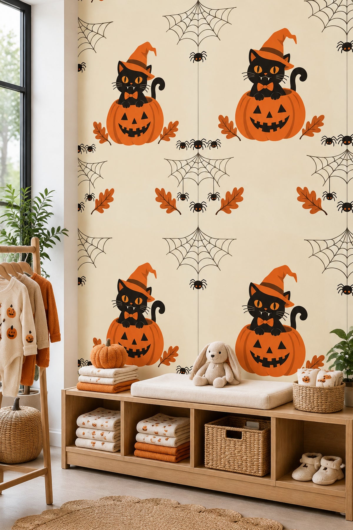 Black Cat Halloween Wallpaper Witch Hat Pumpkin Pattern
