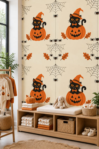 Black Cat Halloween Wallpaper Witch Hat Pumpkin Pattern