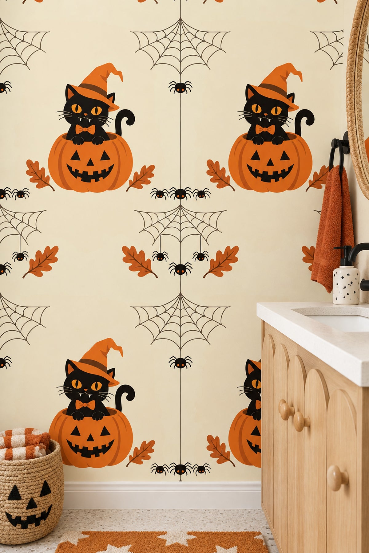 Black Cat Halloween Wallpaper Witch Hat Pumpkin Pattern