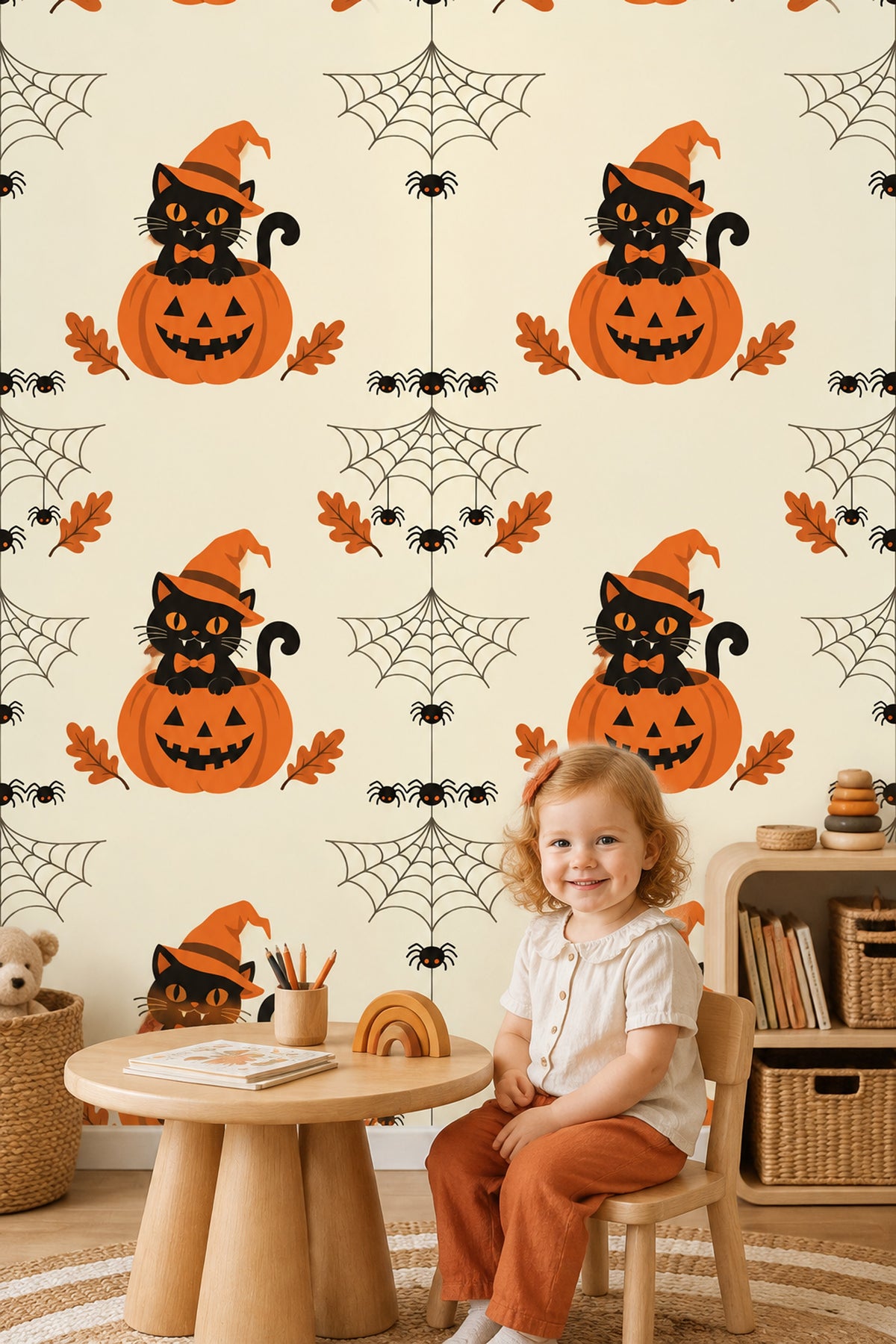 Black Cat Halloween Wallpaper Witch Hat Pumpkin Pattern