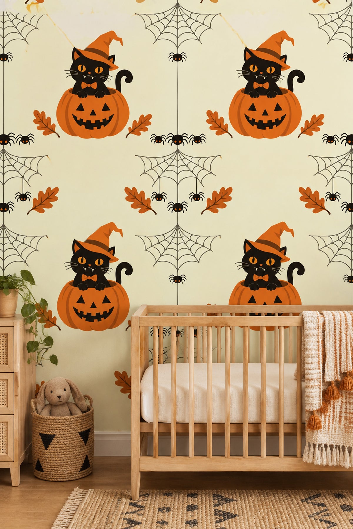 Black Cat Halloween Wallpaper Witch Hat Pumpkin Pattern
