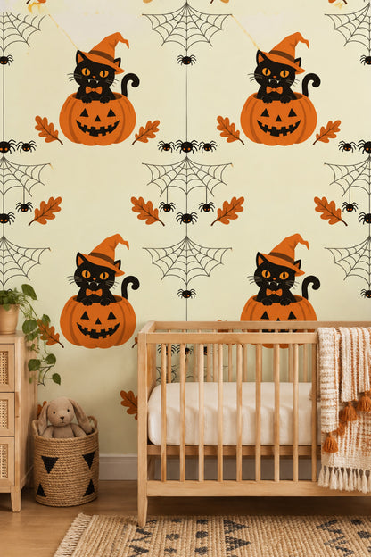 Black Cat Halloween Wallpaper Witch Hat Pumpkin Pattern