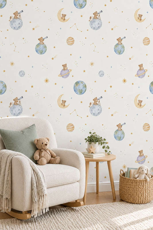 Teddy Bears Space Wallpaper Cream Background