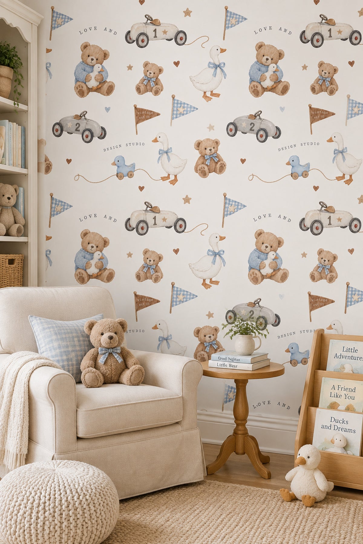 Teddy Bear And Duck Wallpaper Vintage Toy Gingham Pattern