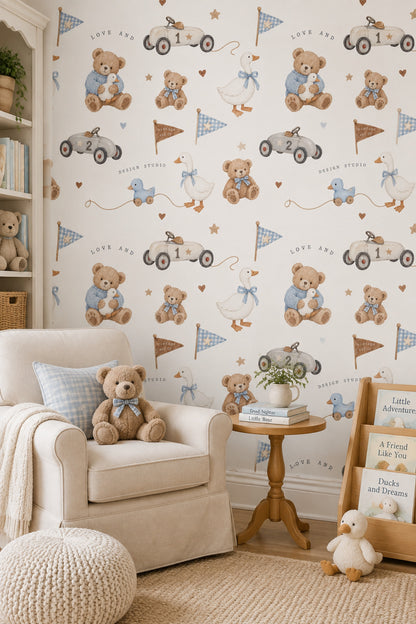 Teddy Bear And Duck Wallpaper Vintage Toy Gingham Pattern