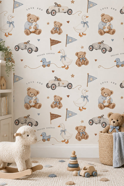 Teddy Bear And Duck Wallpaper Vintage Toy Gingham Pattern