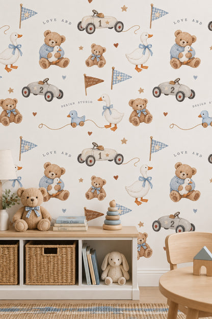Teddy Bear And Duck Wallpaper Vintage Toy Gingham Pattern
