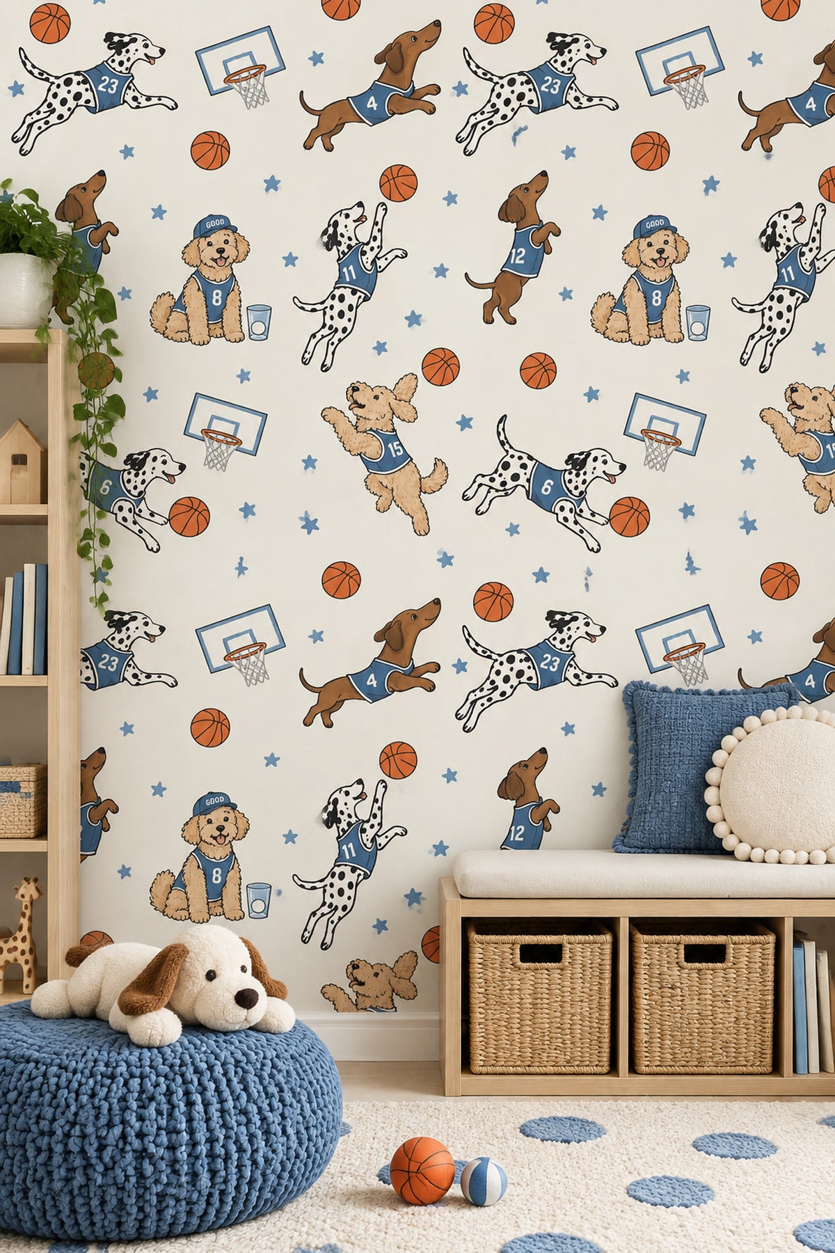 Basketball Dogs Wallpaper Blue Jerseys Cream Background