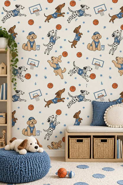 Basketball Dogs Wallpaper Blue Jerseys Cream Background