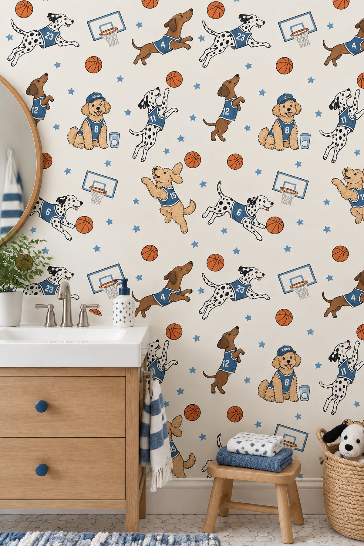 Basketball Dogs Wallpaper Blue Jerseys Cream Background