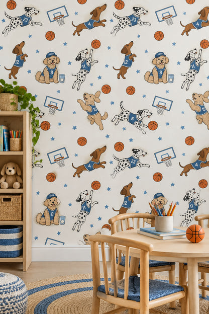 Basketball Dogs Wallpaper Blue Jerseys Cream Background