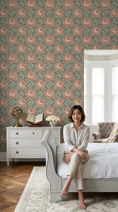 Rose And Peony Wallpaper Sage Green Blush Pink Pattern
