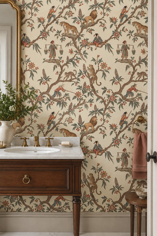 Chinoiserie Figures And Exotic Animals Wallpaper Cream Background