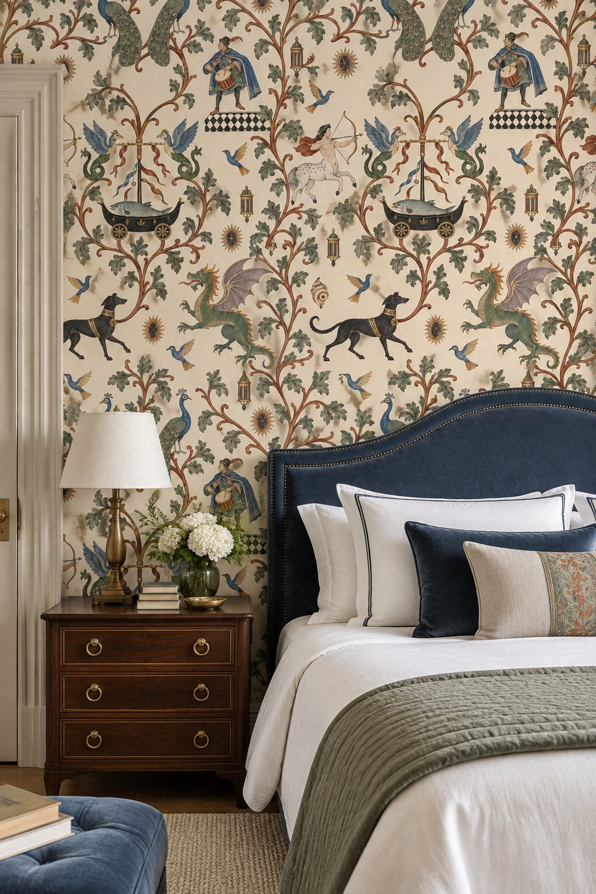 Mythical Creatures And Birds Wallpaper Muted Green Ornamental Pattern