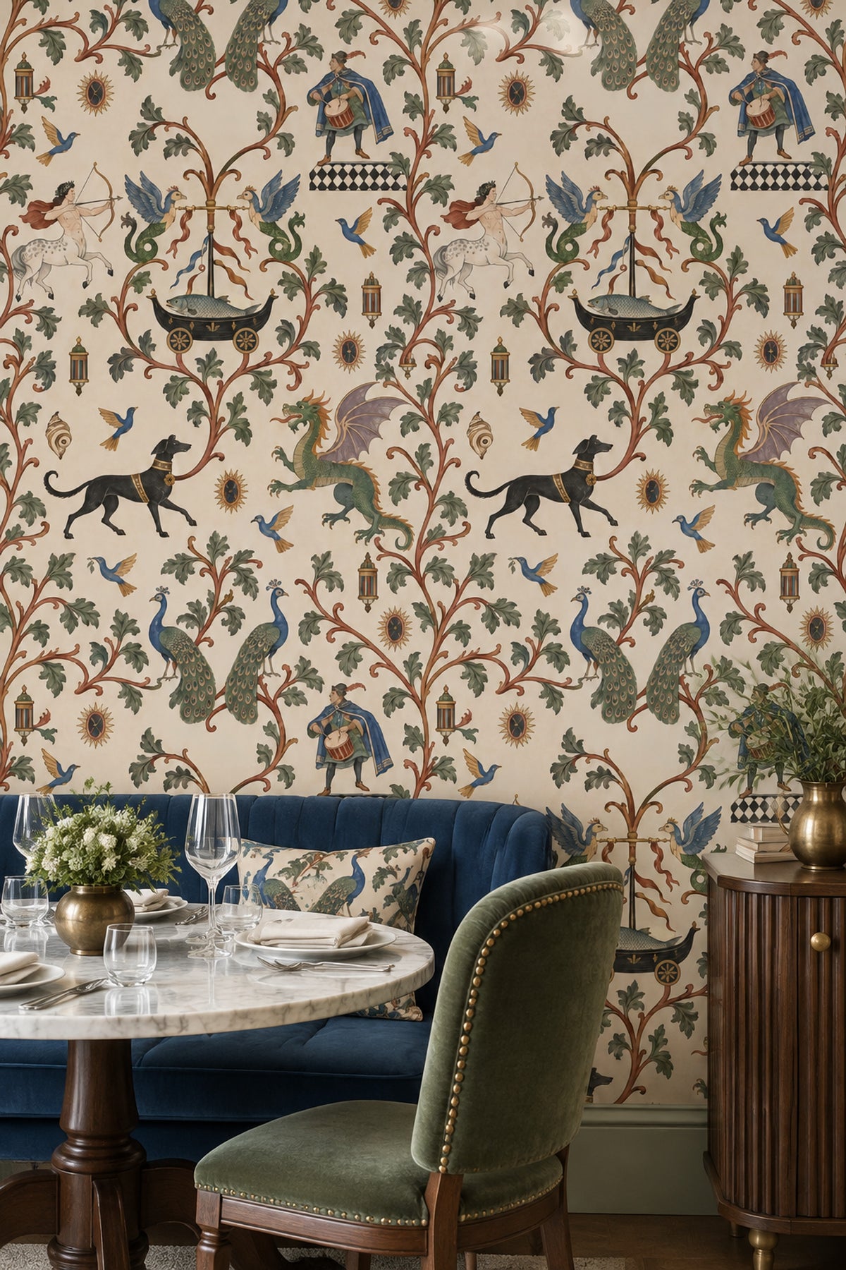 Mythical Creatures And Birds Wallpaper Muted Green Ornamental Pattern
