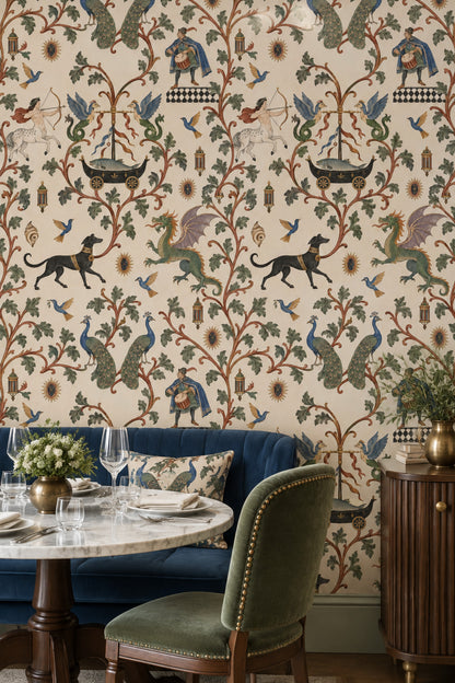 Mythical Creatures And Birds Wallpaper Muted Green Ornamental Pattern