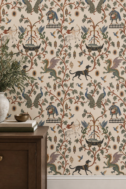 Mythical Creatures And Birds Wallpaper Muted Green Ornamental Pattern