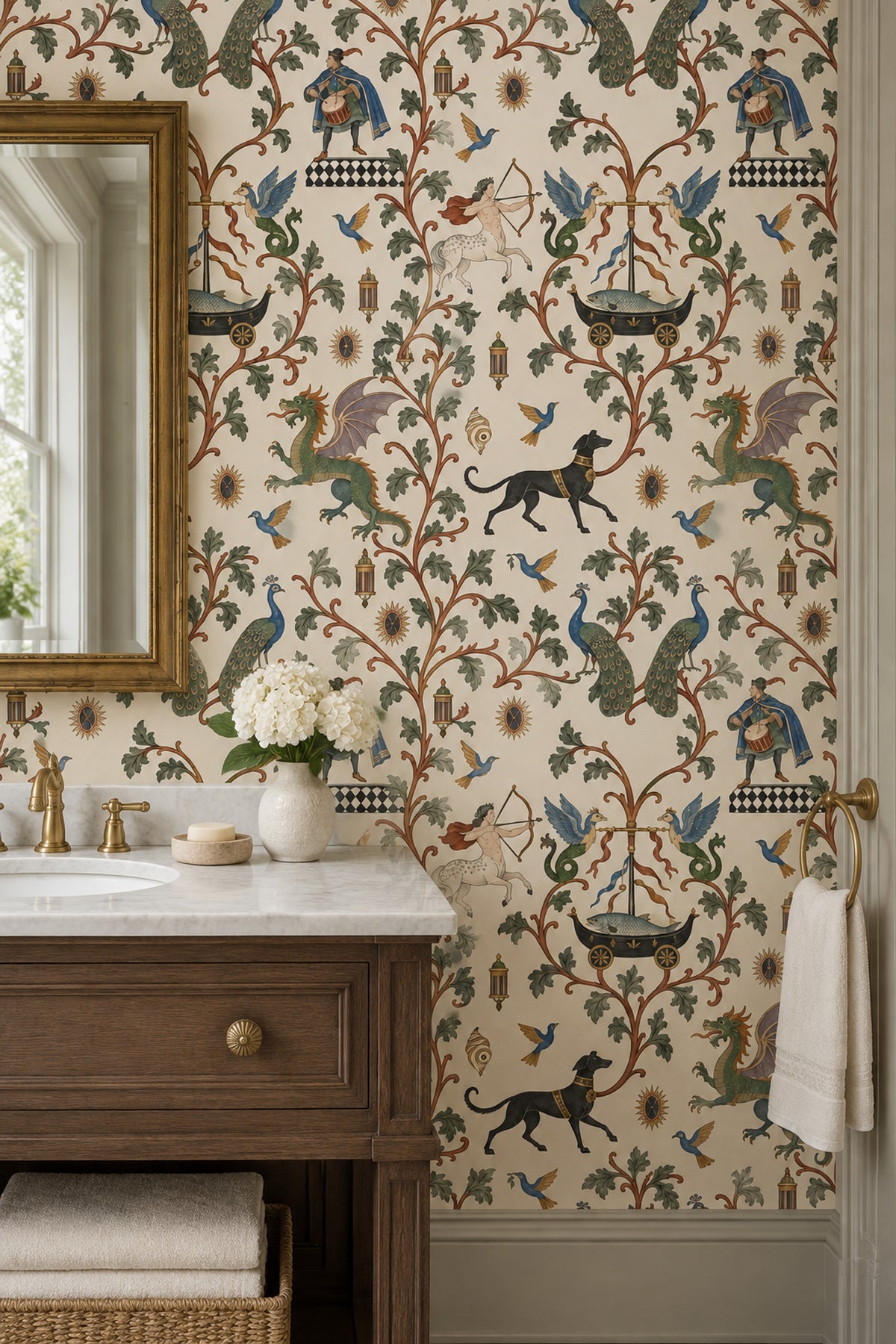 Mythical Creatures And Birds Wallpaper Muted Green Ornamental Pattern