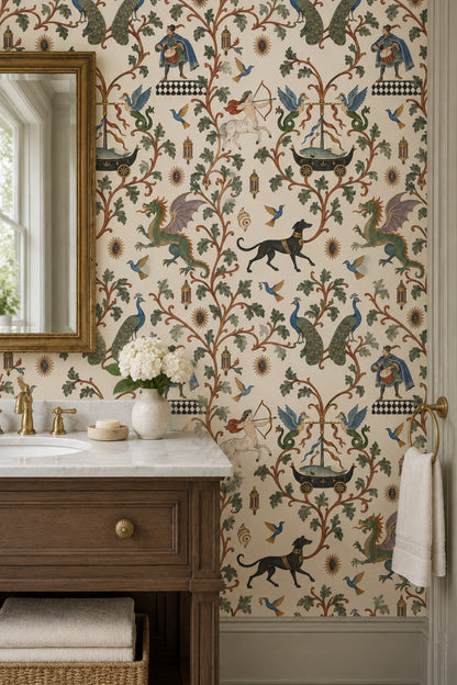 Mythical Creatures And Birds Wallpaper Muted Green Ornamental Pattern
