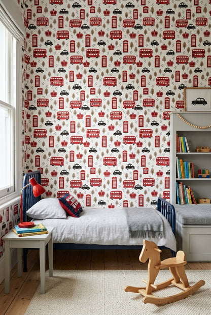 London Icons Wallpaper Red Buses And Phone Booth Pattern