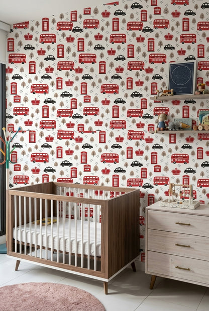 London Icons Wallpaper Red Buses And Phone Booth Pattern